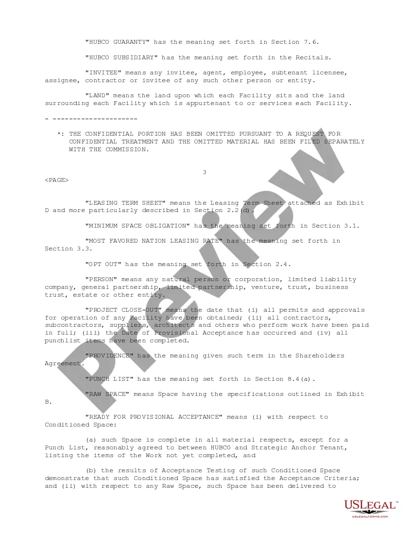 Preview Strategic Anchor Tenant Agreement between Carrier1 International SA and Hubco SA