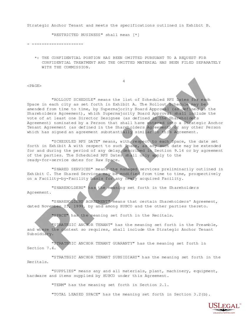 Preview Strategic Anchor Tenant Agreement between Carrier1 International SA and Hubco SA