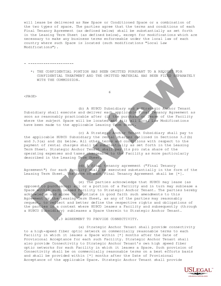 Preview Strategic Anchor Tenant Agreement between Carrier1 International SA and Hubco SA