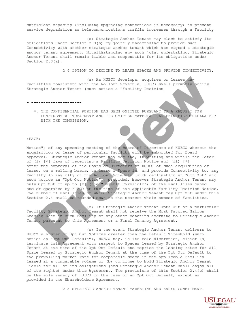 Preview Strategic Anchor Tenant Agreement between Carrier1 International SA and Hubco SA