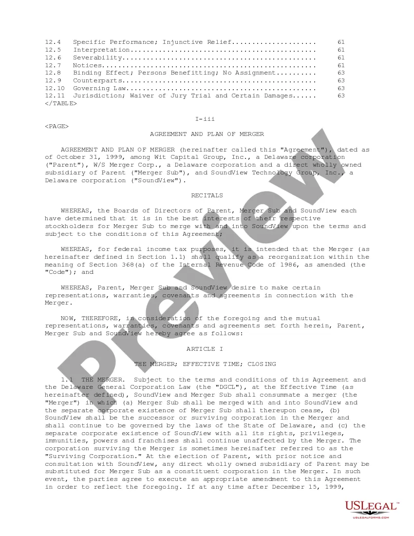 Get Plan of Merger between WIT Capital Group, Inc., WIS Merger Corporation and Soundview Technology Group, Inc. Preview Plan of Merger between WIT Capital Group, Inc., WIS Merger Corporation and Soundview Technology Group, Inc.