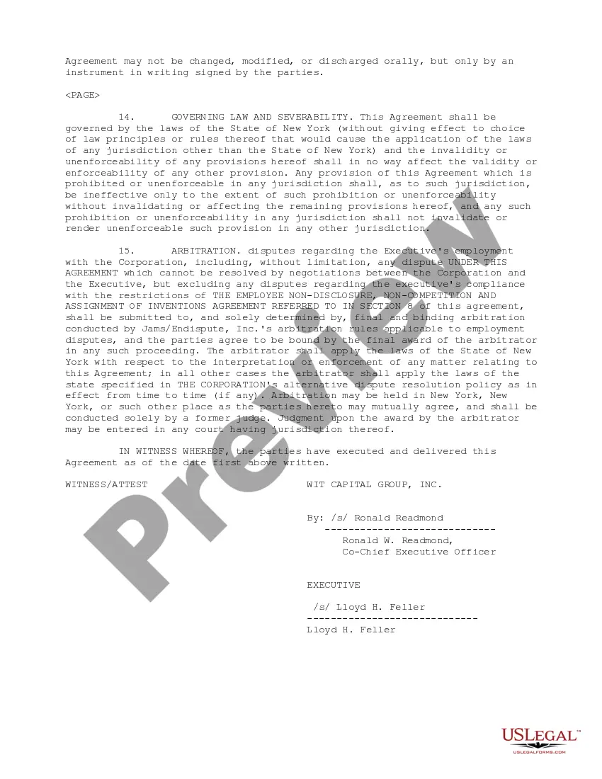 Preview Sample Executive Employment Agreement for Wit Capital Group, Inc.