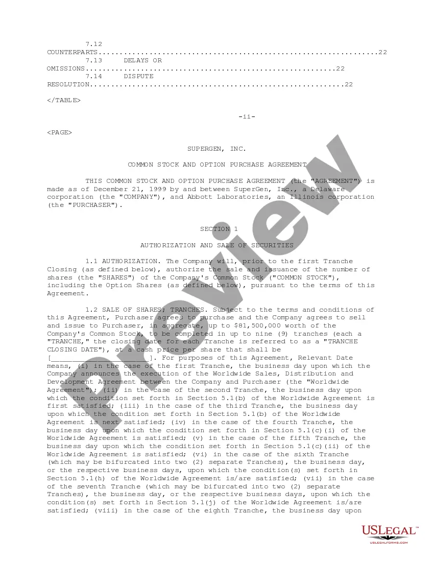 Get Sample Stock and Option Purchase Agreement between Supergen, Inc. and Abbott Laboratories, Inc. regarding authorization and sale of securities Preview Sample Stock and Option Purchase Agreement between Supergen, Inc. and Abbott Laboratories, Inc. regarding authorization and sale of securities