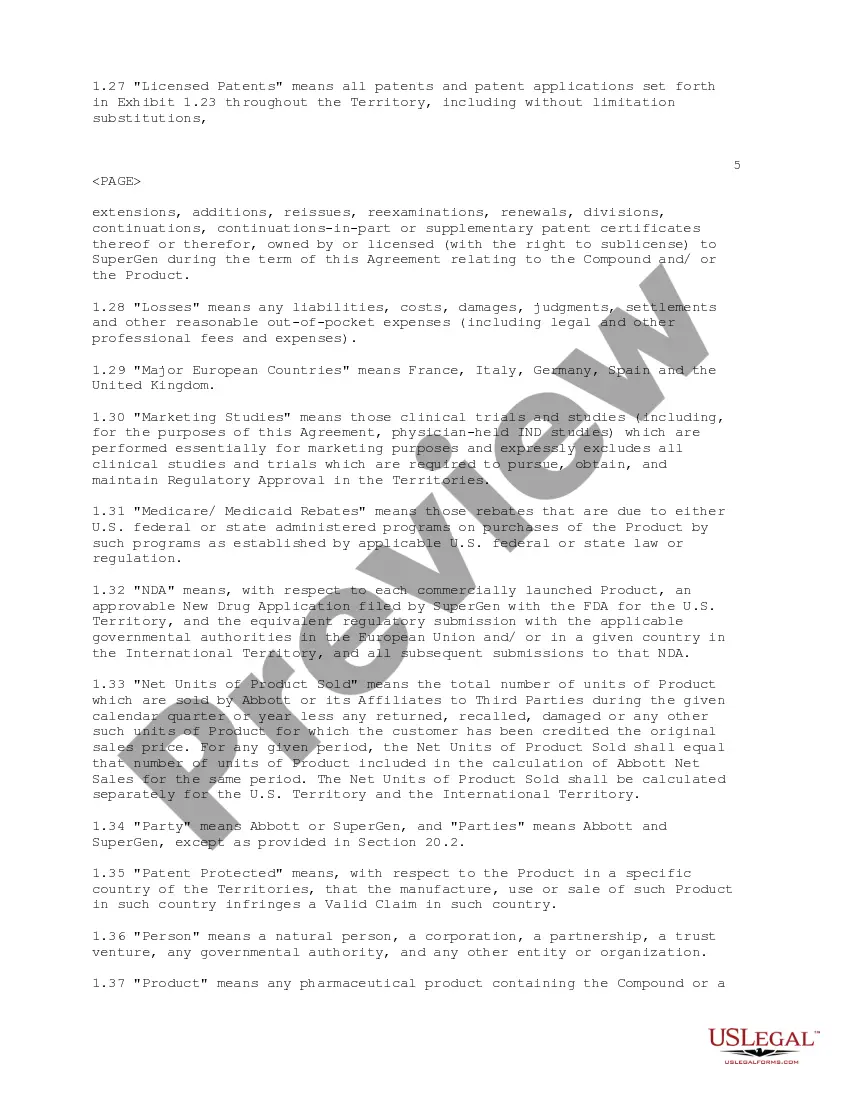 Get Sales, Distribution and Development Agreement between Supergen, Inc. and Abbott Laboratories regarding clinical development, obtaining of regulatory approvals Preview Sales, Distribution and Development Agreement between Supergen, Inc. and Abbott Laboratories regarding clinical development, obtaining of regulatory approvals