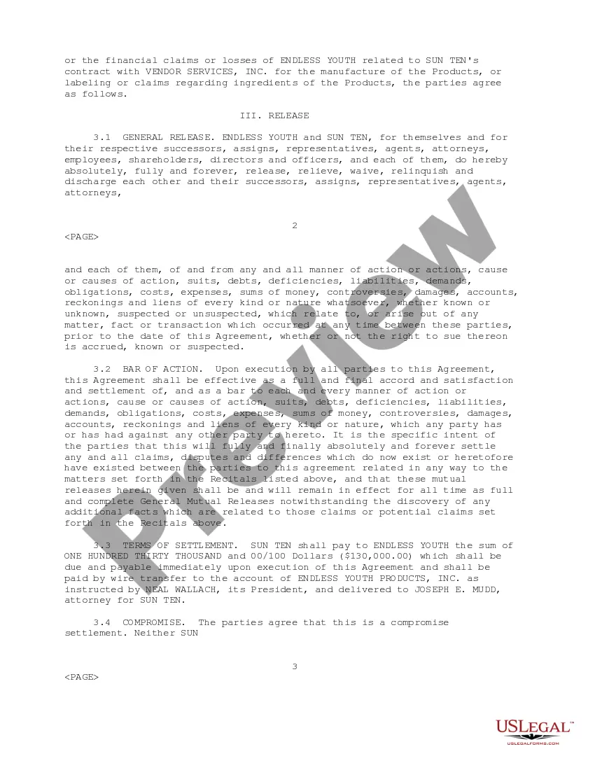 Get General Mutual Release and Settlement Agreement between Endless Youth Products, Inc. and Sun Ten Laboratories Preview General Mutual Release and Settlement Agreement between Endless Youth Products, Inc. and Sun Ten Laboratories