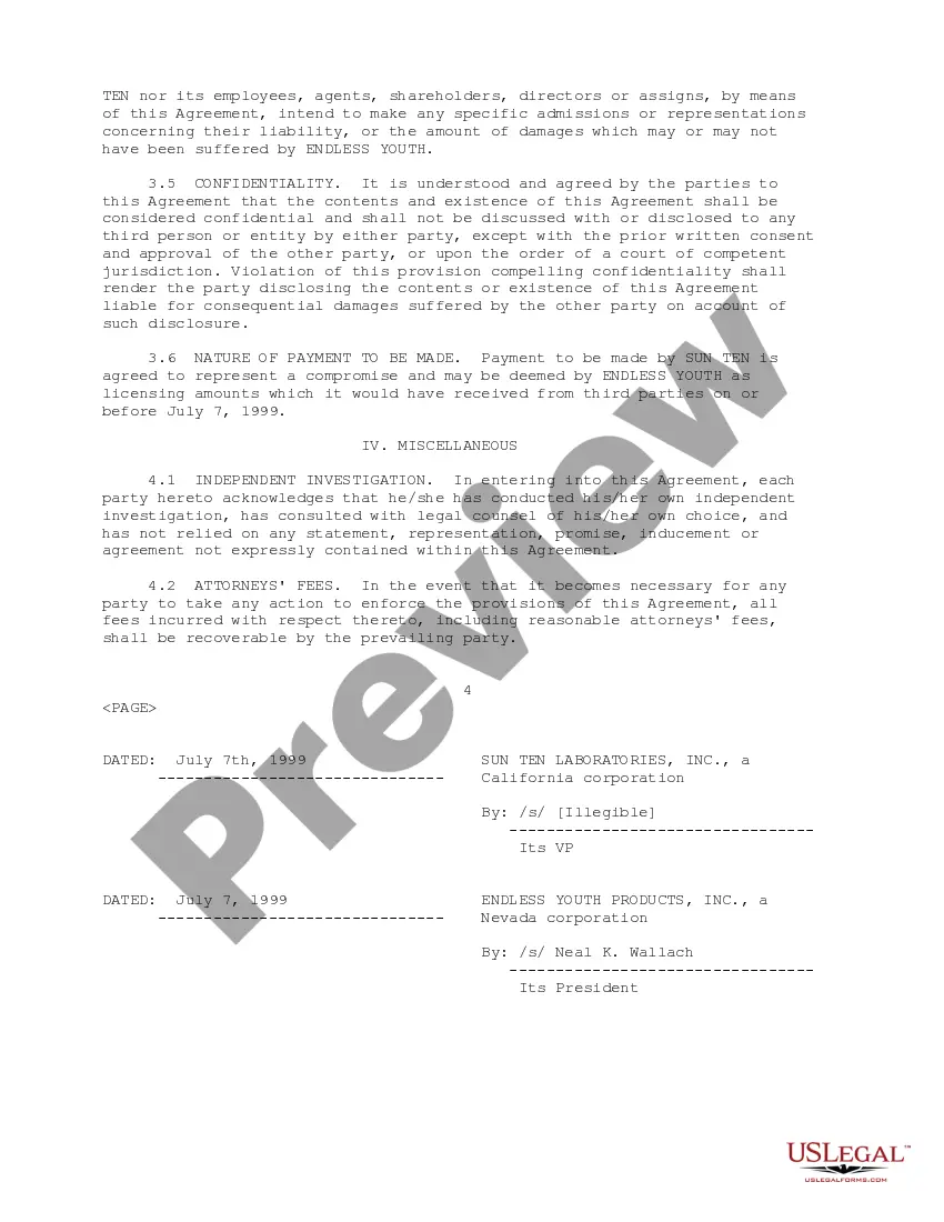 Get General Mutual Release and Settlement Agreement between Endless Youth Products, Inc. and Sun Ten Laboratories Preview General Mutual Release and Settlement Agreement between Endless Youth Products, Inc. and Sun Ten Laboratories