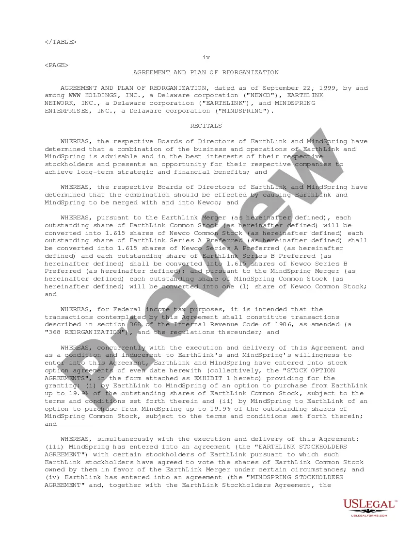 Get Plan of Reorganization by Earthlink Network, Inc., Mindspring Enterprises, Inc. and WWW Holdings, Inc. Preview Plan of Reorganization by Earthlink Network, Inc., Mindspring Enterprises, Inc. and WWW Holdings, Inc.