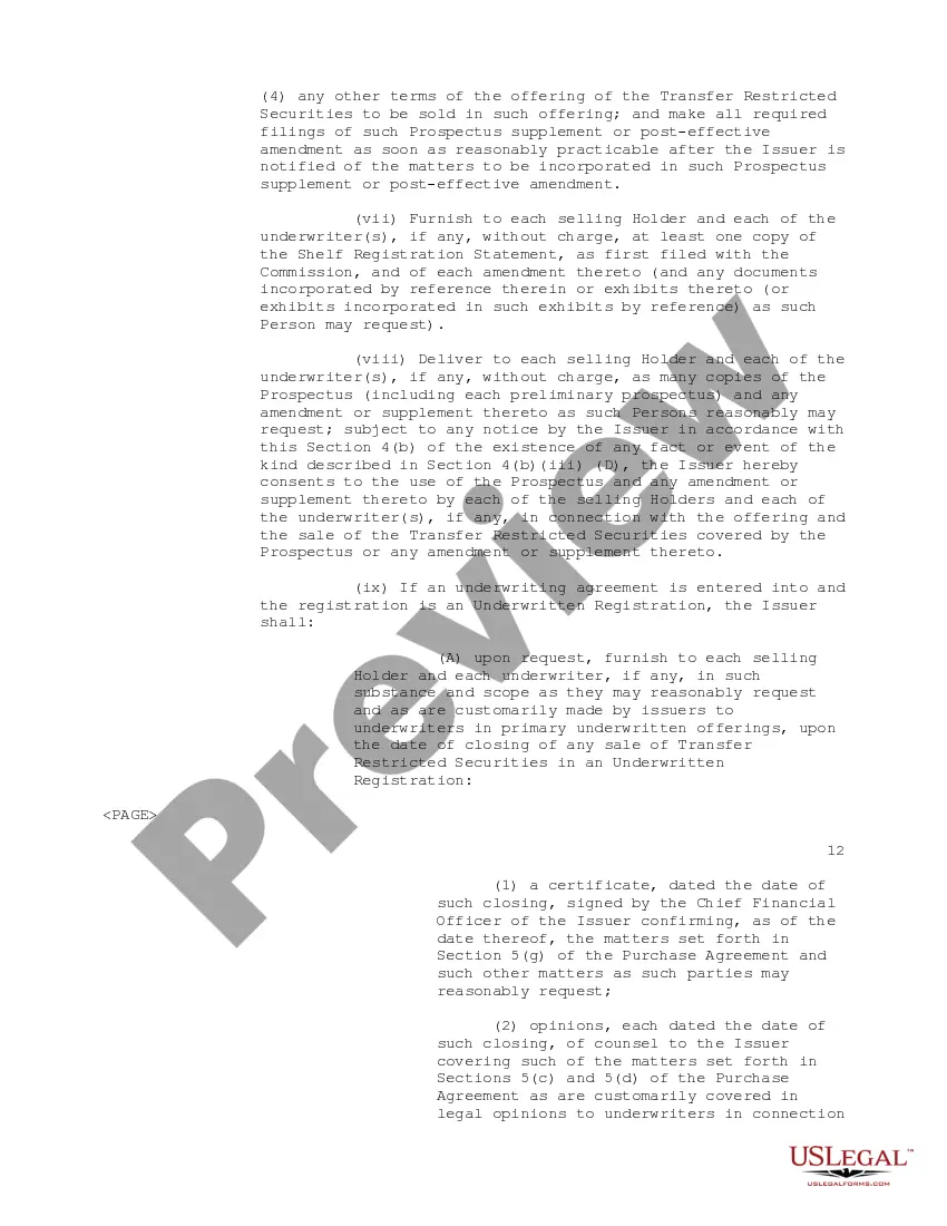 Preview Registration Rights Agreement regarding the purchase of convertible subordinated debentures