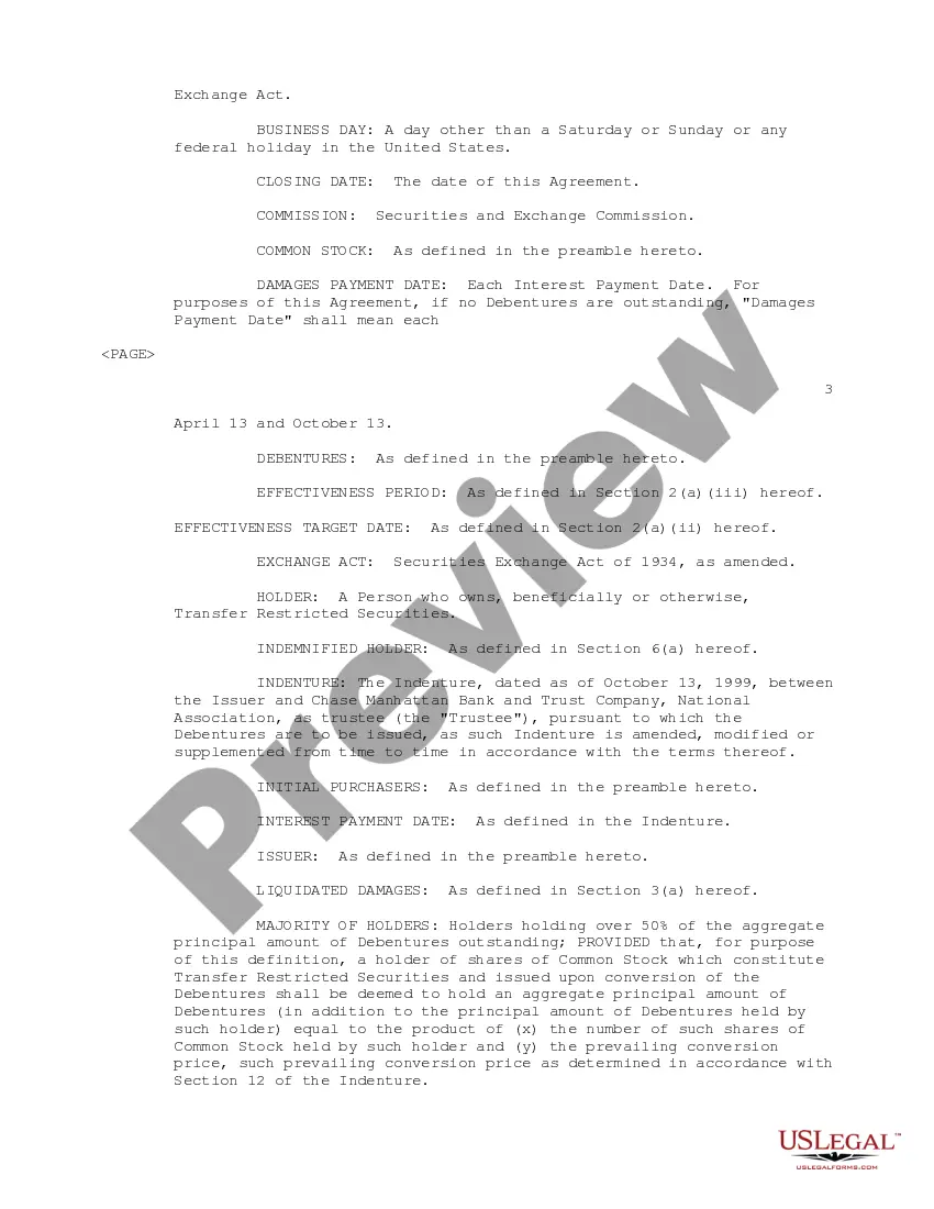 Preview Registration Rights Agreement regarding the purchase of convertible subordinated debentures