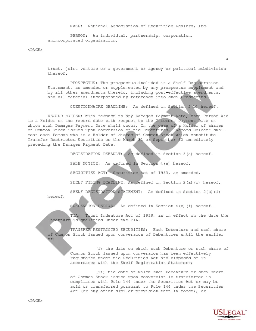 Preview Registration Rights Agreement regarding the purchase of convertible subordinated debentures