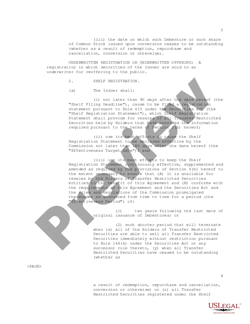 Preview Registration Rights Agreement regarding the purchase of convertible subordinated debentures