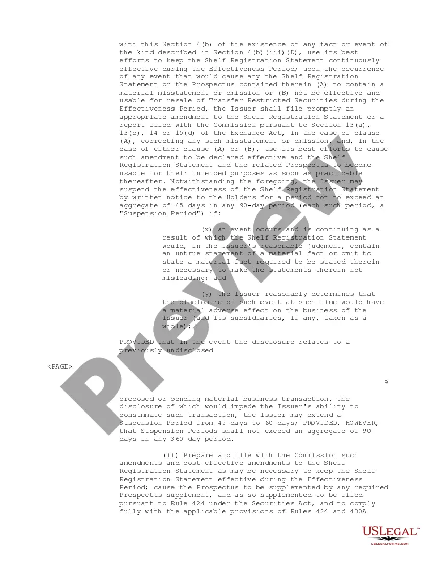 Preview Registration Rights Agreement regarding the purchase of convertible subordinated debentures