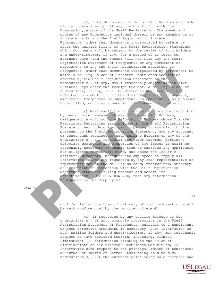 Preview Registration Rights Agreement regarding the purchase of convertible subordinated debentures