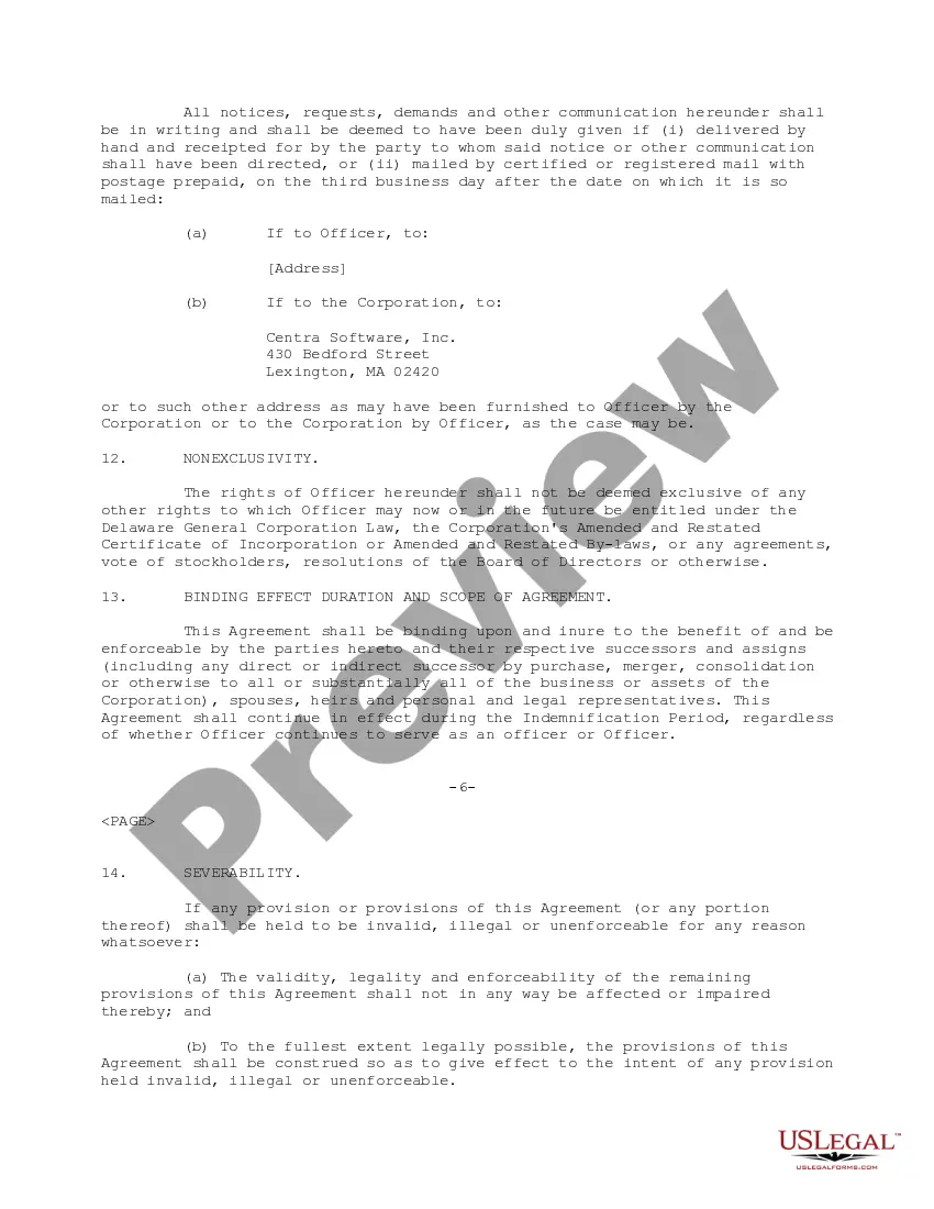 Get Indemnity Agreement between Centra Software, Inc. and officer of corporation Preview Indemnity Agreement between Centra Software, Inc. and officer of corporation