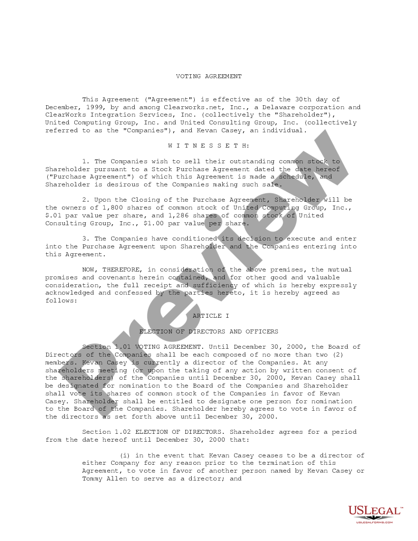 page 0 Voting Agreement between Clearworks Integration Services, United Computing Group, United Consulting Group, and Kevan Casey regarding sale of outstanding common stock preview