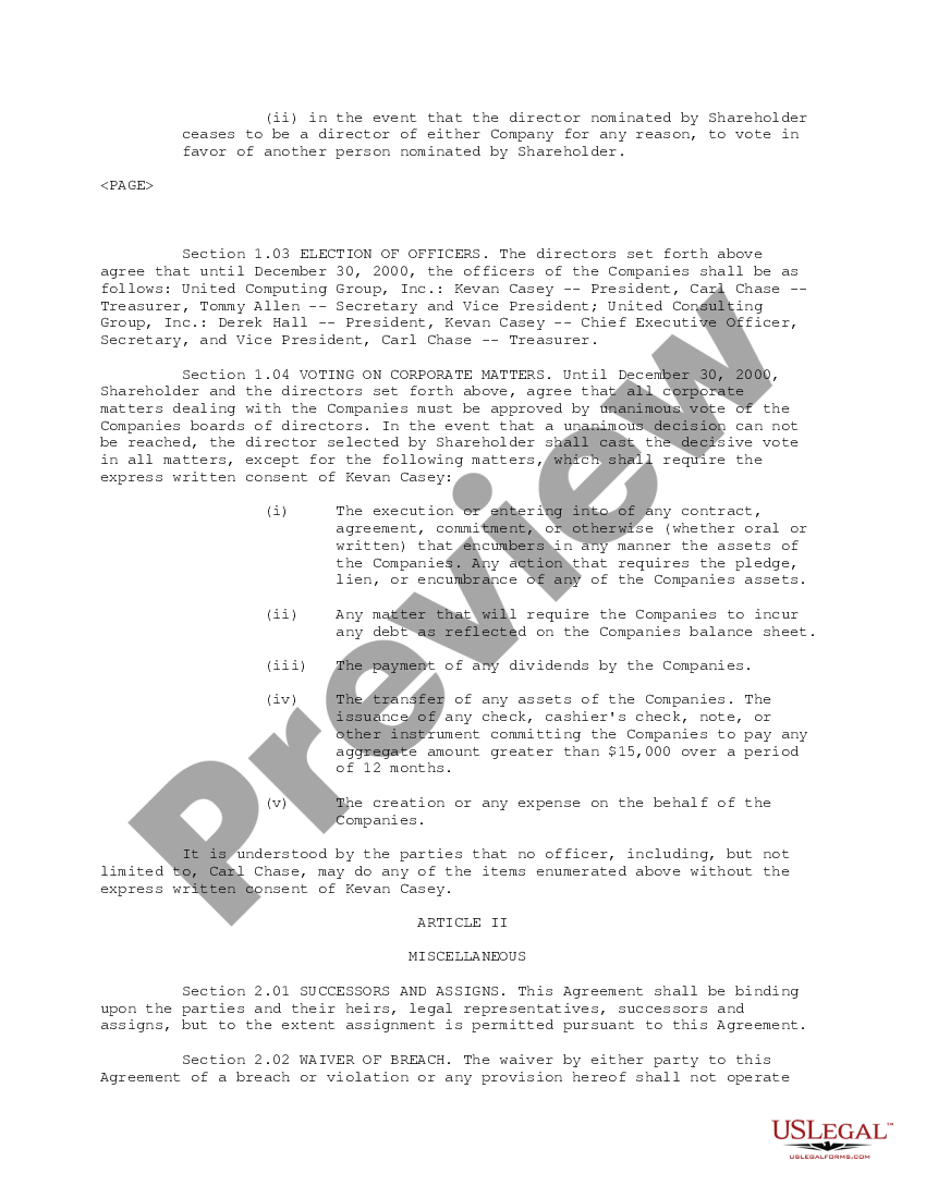 page 1 Voting Agreement between Clearworks Integration Services, United Computing Group, United Consulting Group, and Kevan Casey regarding sale of outstanding common stock preview