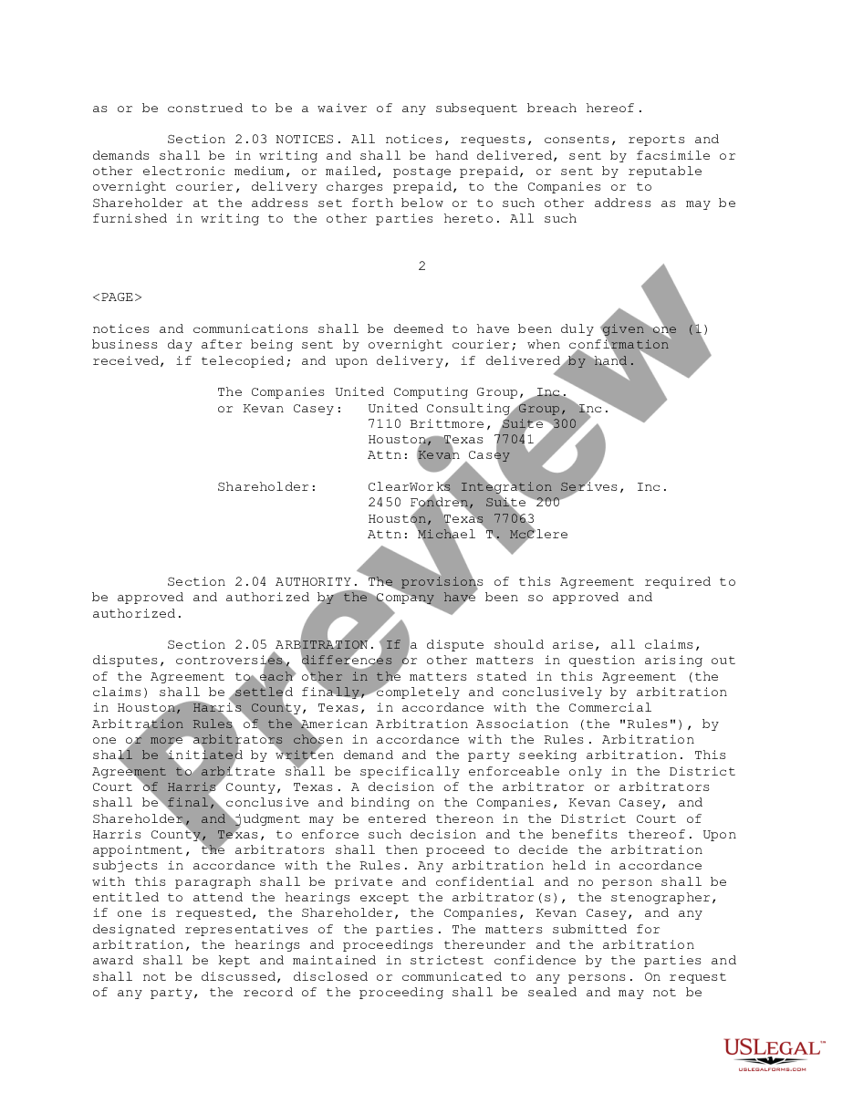 page 2 Voting Agreement between Clearworks Integration Services, United Computing Group, United Consulting Group, and Kevan Casey regarding sale of outstanding common stock preview