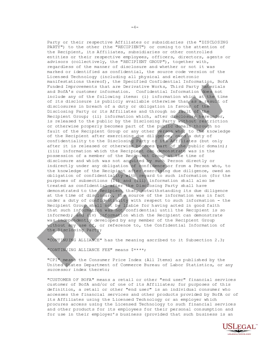 Preview Technology License Agreement regarding designing, developing and marketing Internet based electronic banking applications