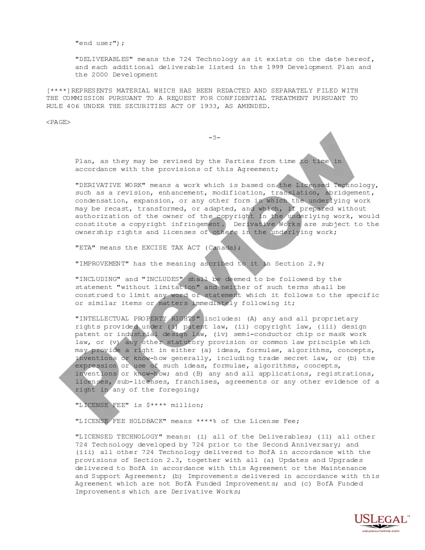 Preview Technology License Agreement regarding designing, developing and marketing Internet based electronic banking applications