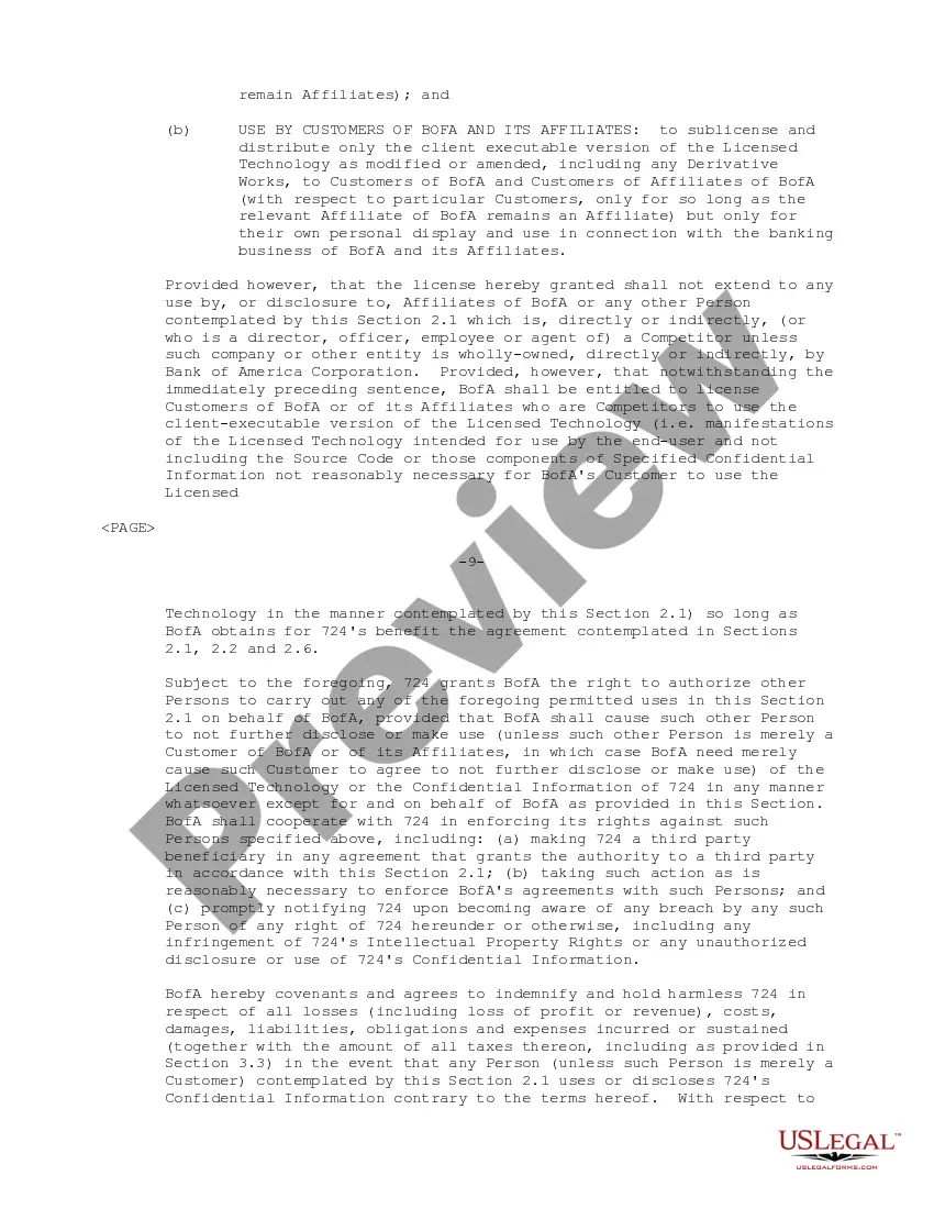 Preview Technology License Agreement regarding designing, developing and marketing Internet based electronic banking applications