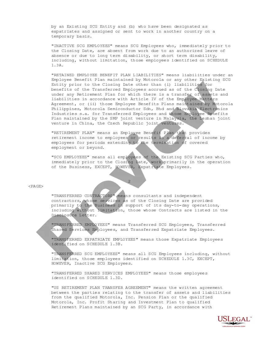 Get Employee Matters Agreement between Motorola, Inc., SCG Holding Corp and Semiconductor Components Industries, LLC regarding terms and conditions of employment Preview Employee Matters Agreement between Motorola, Inc., SCG Holding Corp and Semiconductor Components Industries, LLC regarding terms and conditions of employment