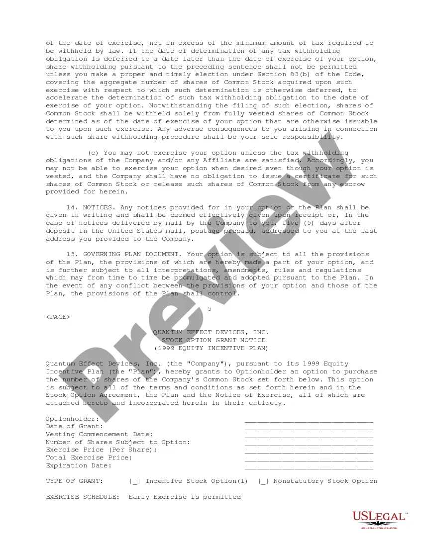 Get Stock Option Agreement of Quantum Effect Devices, Inc. Preview Stock Option Agreement of Quantum Effect Devices, Inc.