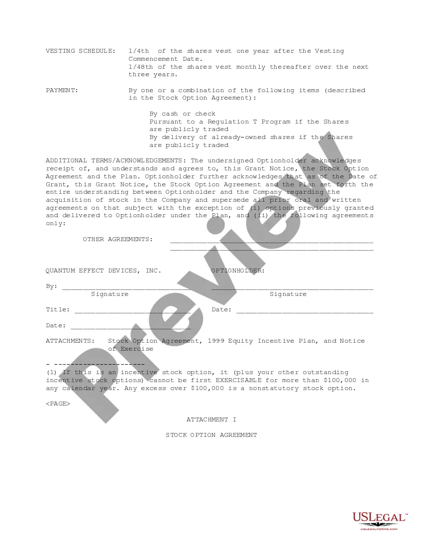 Get Stock Option Agreement of Quantum Effect Devices, Inc. Preview Stock Option Agreement of Quantum Effect Devices, Inc.