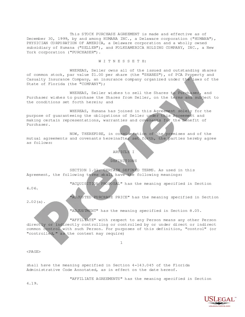 Get Sample Stock Purchase Agreement between Humana, Inc., Physician Corporation of America and Folksamerica Holding Company, Inc Preview Sample Stock Purchase Agreement between Humana, Inc., Physician Corporation of America and Folksamerica Holding Company, Inc