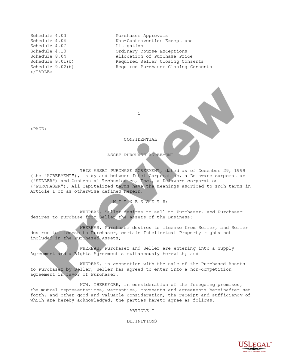 page 6 Sample Asset Purchase Agreement between Centennial Technologies, Inc. and Intel Corporation - Sample preview