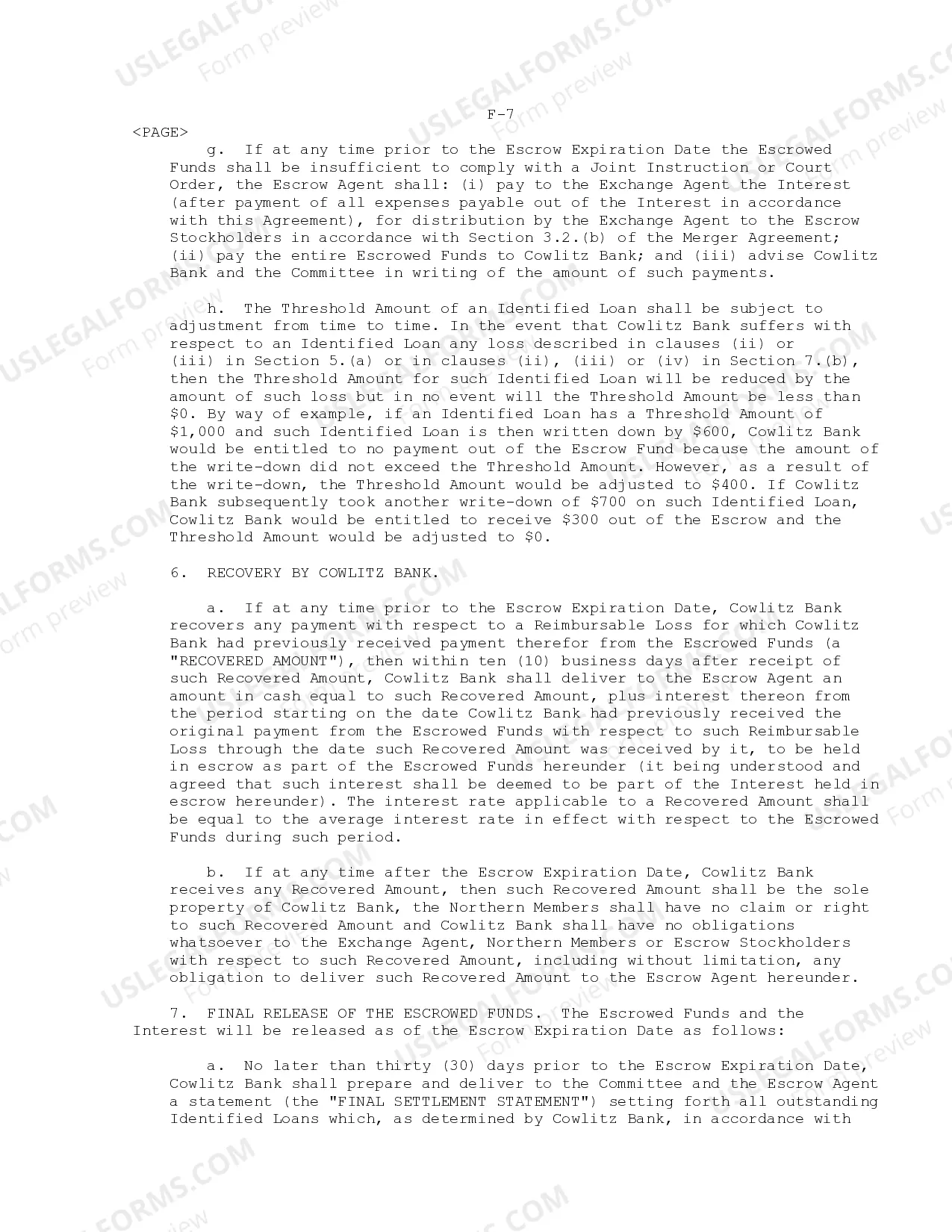 Preview Escrow Agreement between Cowlitz Bancorporation, Cowlitz Bank and Northern Bank of Commerce