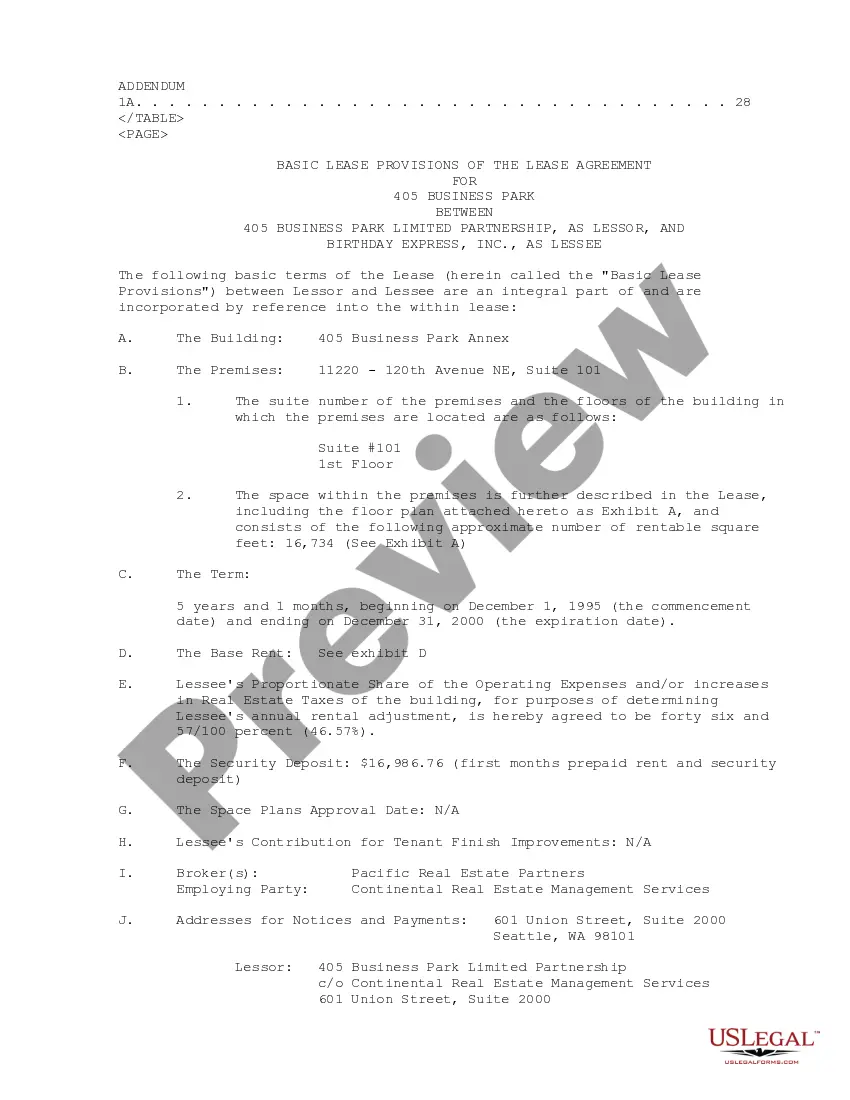 Get Lease Agreement regarding lease of building and premises between Continental, Inc. and Birthday Express, Inc. Preview Lease Agreement regarding lease of building and premises between Continental, Inc. and Birthday Express, Inc.