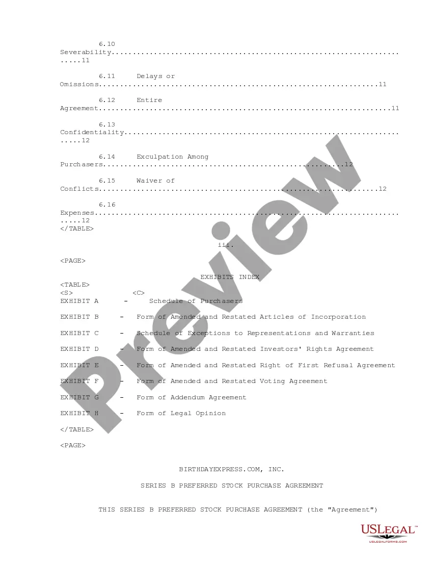 Get Sample Series B Preferred Stock Purchase Agreement between BirthdayExpress, Inc. and Purchaser Preview Sample Series B Preferred Stock Purchase Agreement between BirthdayExpress, Inc. and Purchaser