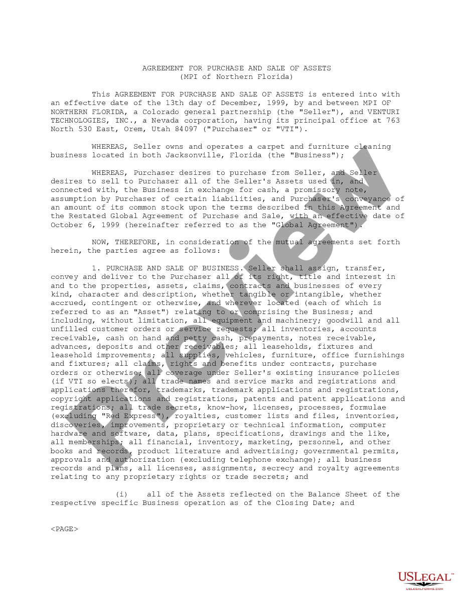page 0 Sample Asset Purchase Agreement between MPI of Northern Florida and Venturi Technologies, Inc. regarding the sale and purchase of assets - Sample preview