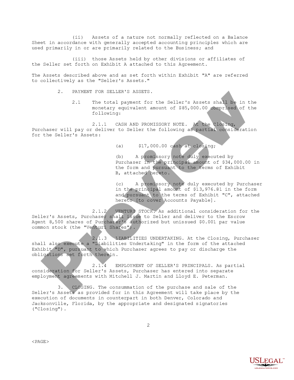 page 1 Sample Asset Purchase Agreement between MPI of Northern Florida and Venturi Technologies, Inc. regarding the sale and purchase of assets - Sample preview