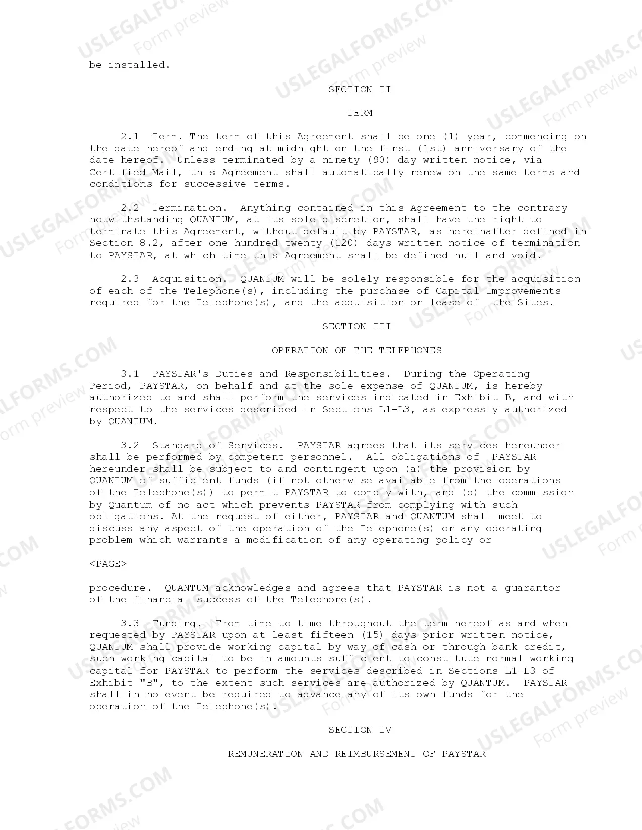 Preview Pay Telephone Services Agreement