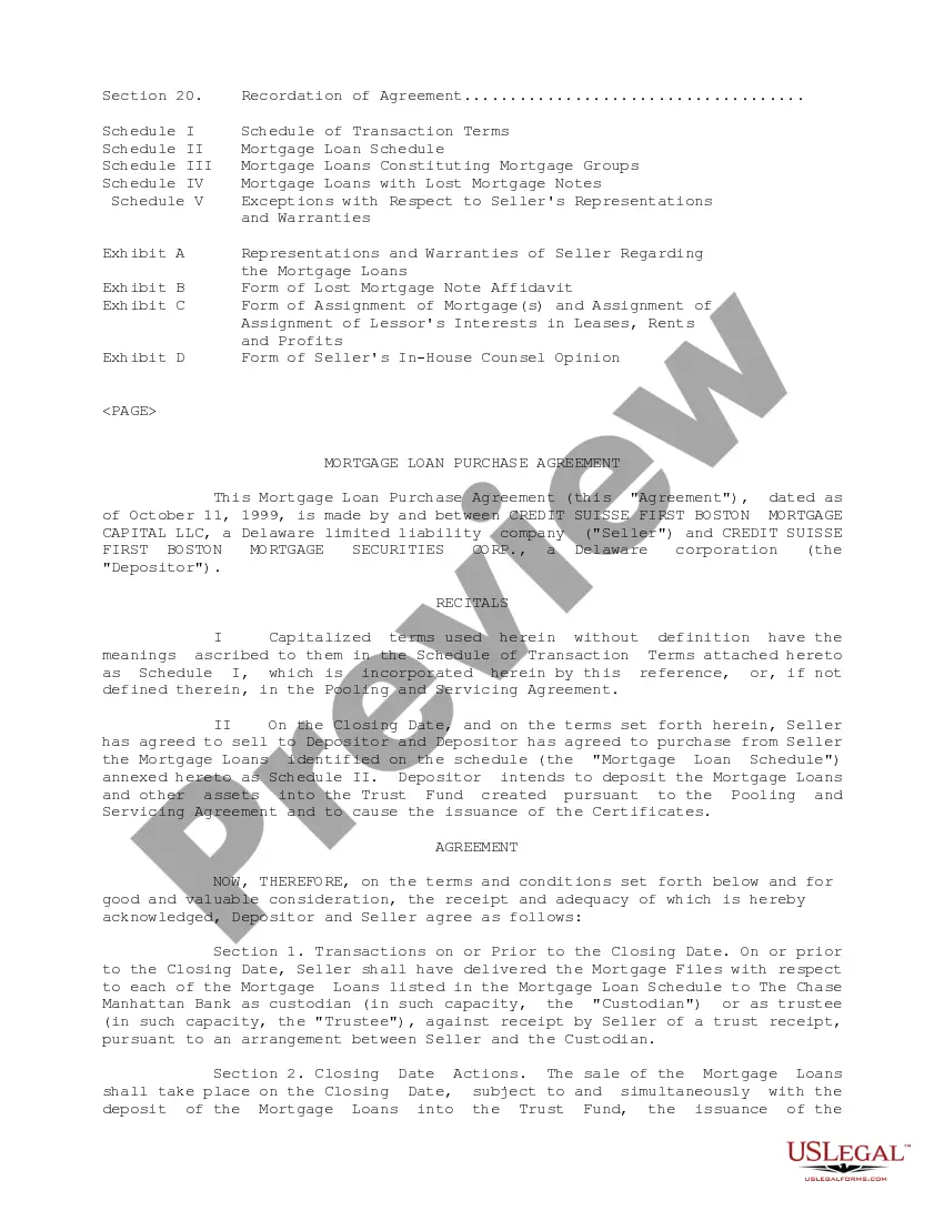 Preview Sample Mortgage Loan Purchase Agreement between Credit Suisse First Boston Mortgage Securities Corp. and Credit Suisse First Boston Mortgage Capital, LLC