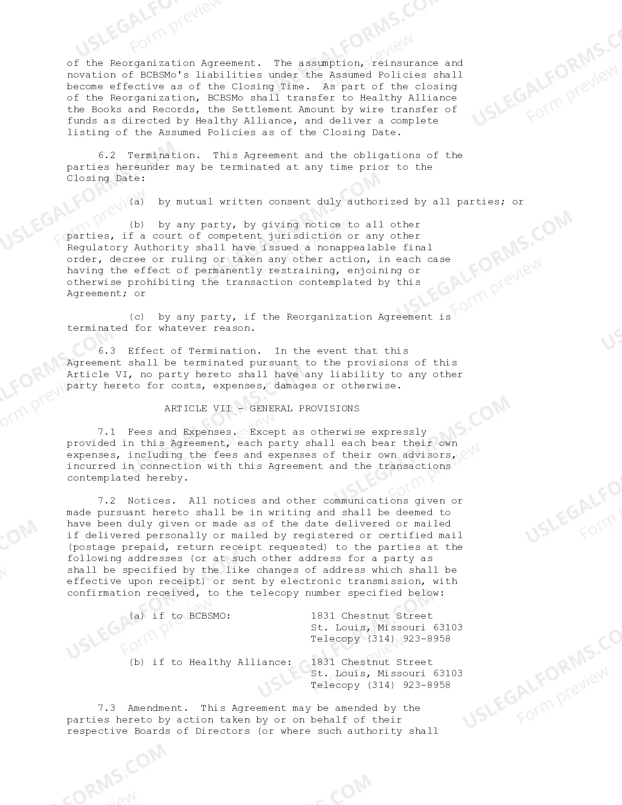 Preview Reinsurance Agreement between Blue Cross Blue Shield of Missouri and Healthy Alliance Life Insurance Co.