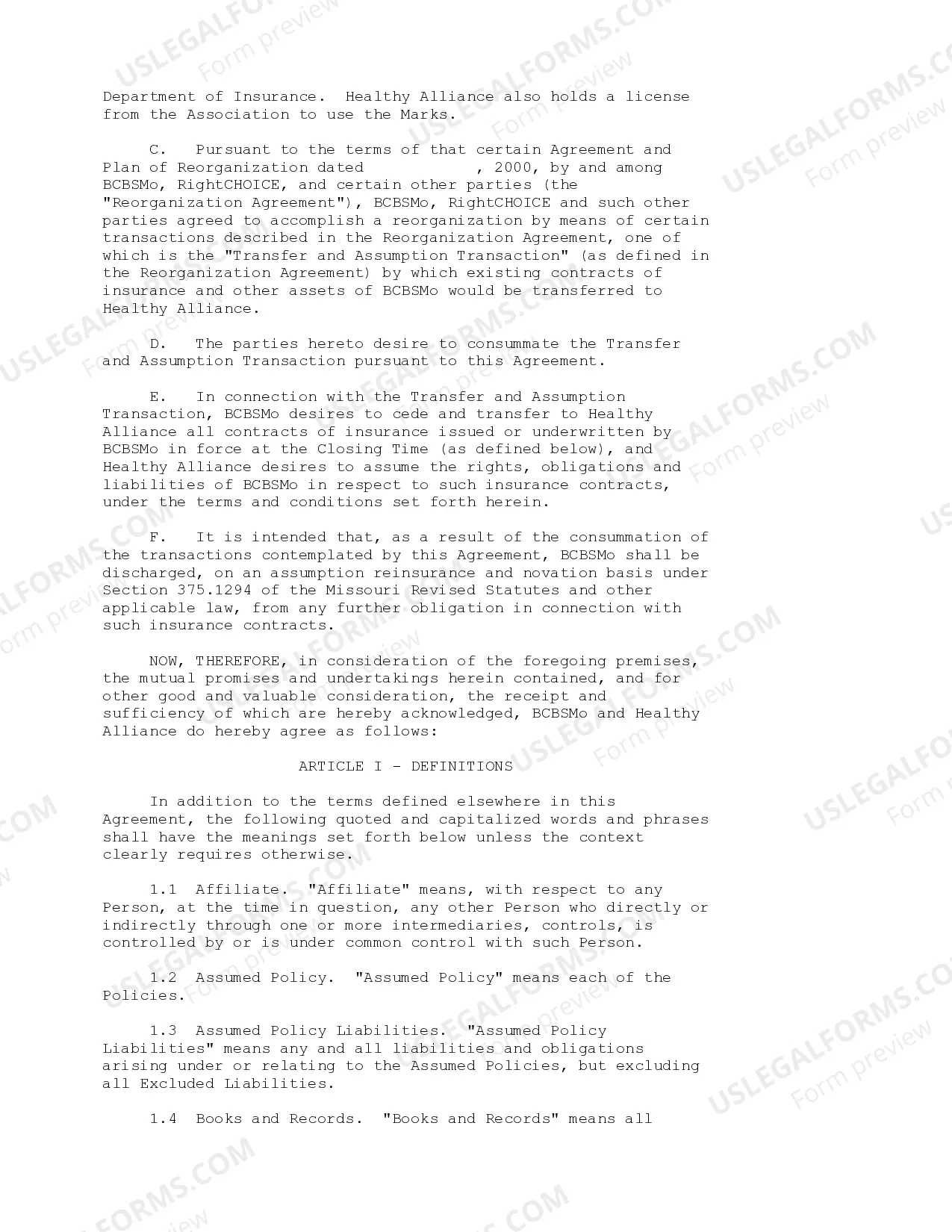 Preview Reinsurance Agreement between Blue Cross Blue Shield of Missouri and Healthy Alliance Life Insurance Co.