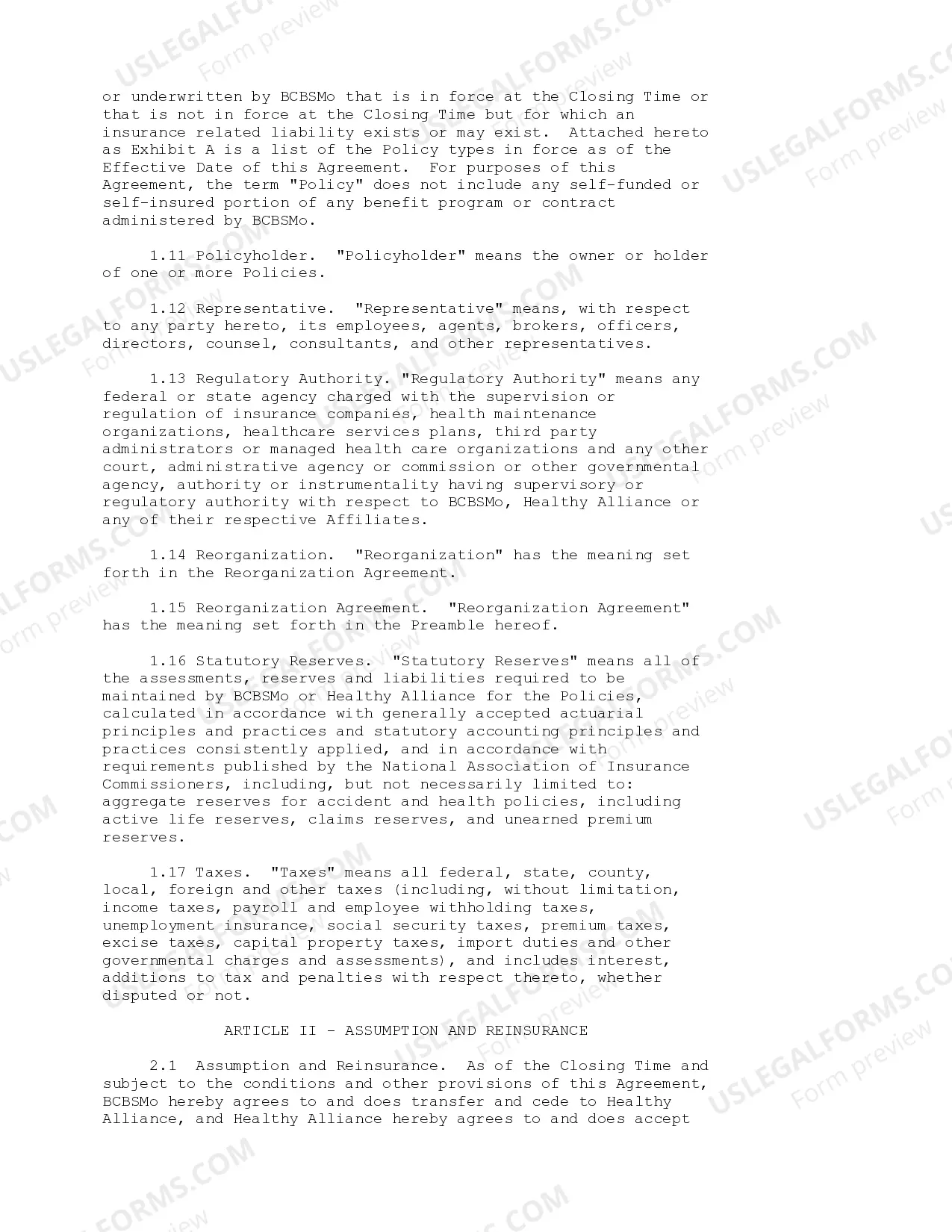 Preview Reinsurance Agreement between Blue Cross Blue Shield of Missouri and Healthy Alliance Life Insurance Co.