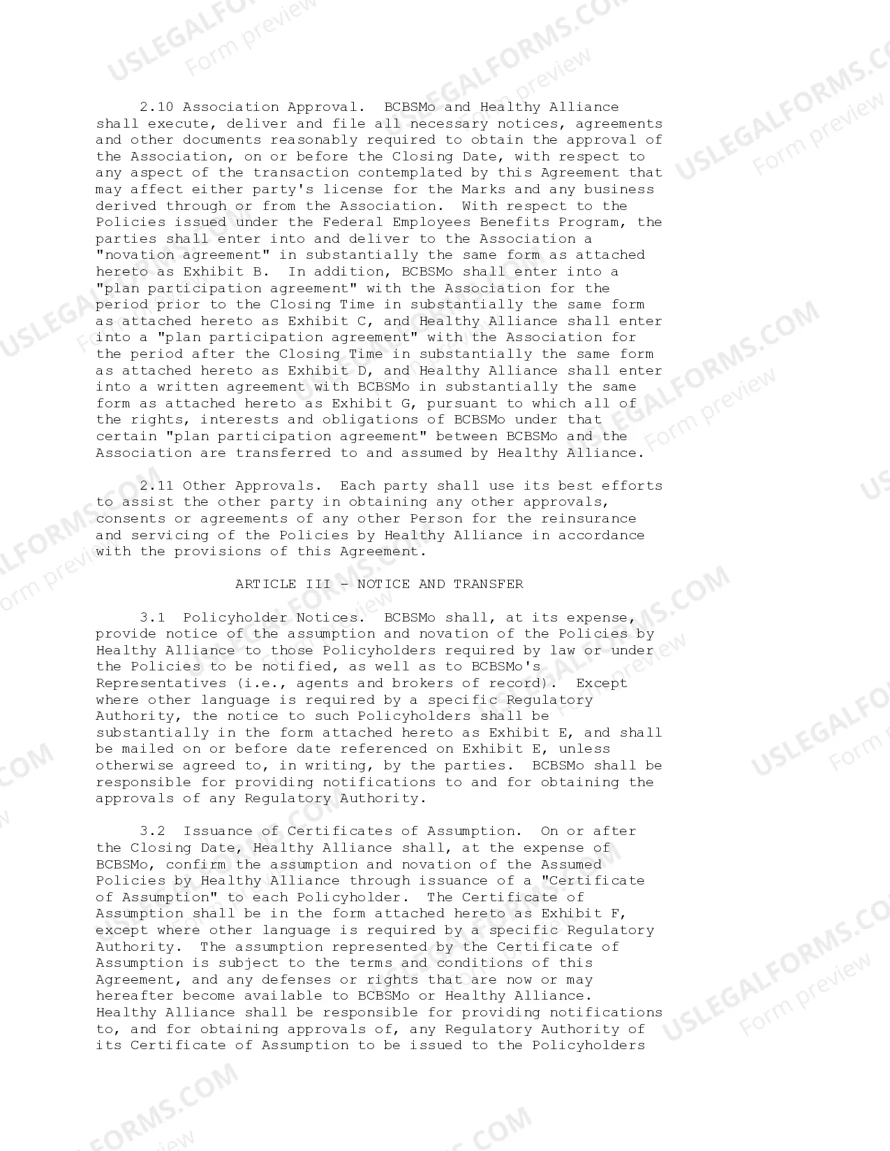 Preview Reinsurance Agreement between Blue Cross Blue Shield of Missouri and Healthy Alliance Life Insurance Co.