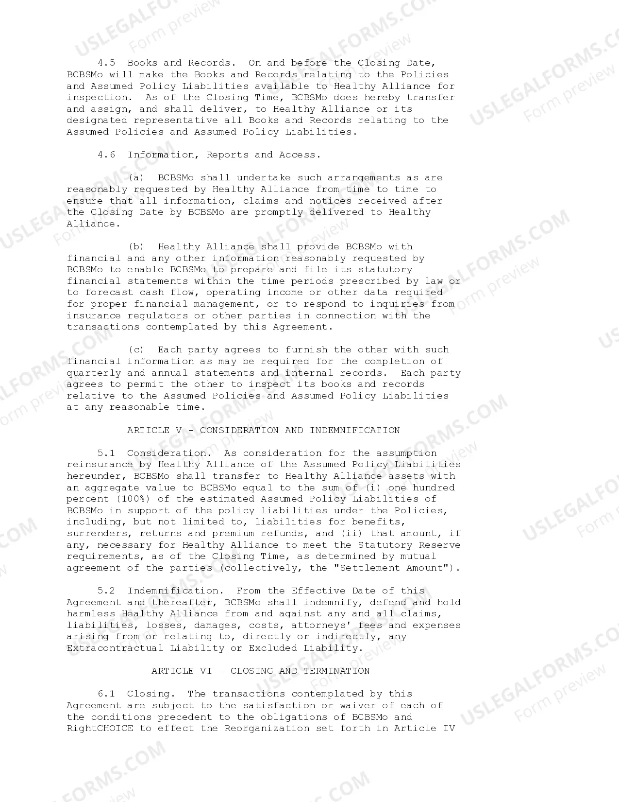 Preview Reinsurance Agreement between Blue Cross Blue Shield of Missouri and Healthy Alliance Life Insurance Co.