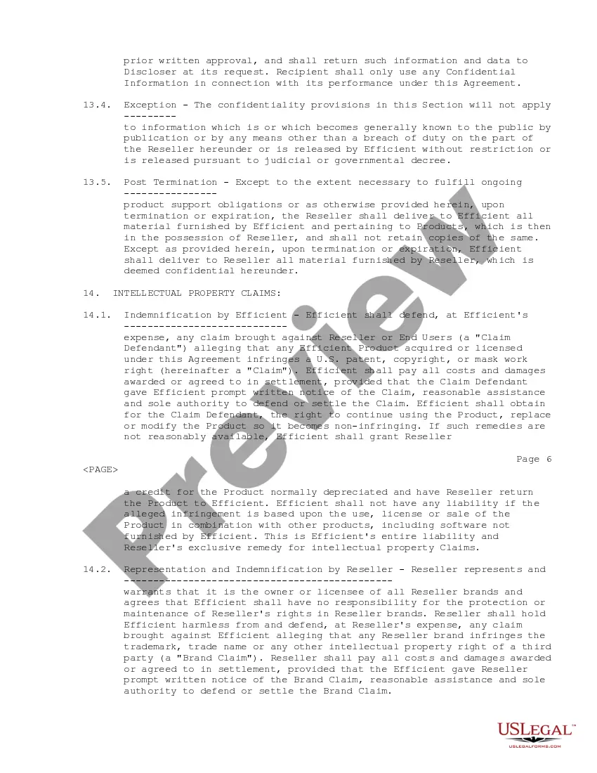 Preview Reseller Agreement regarding appointment of nonexclusive reseller of products