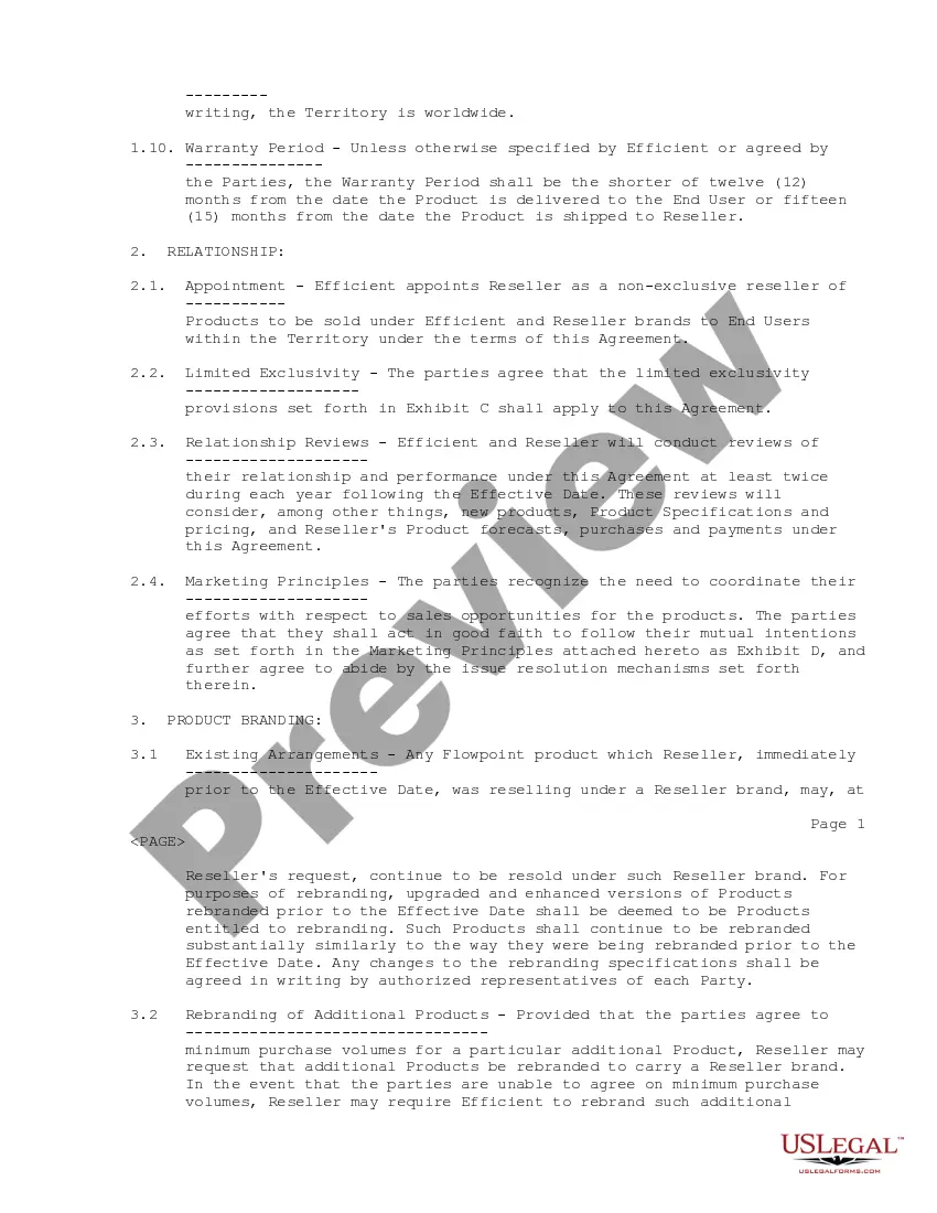 Preview Reseller Agreement regarding appointment of nonexclusive reseller of products