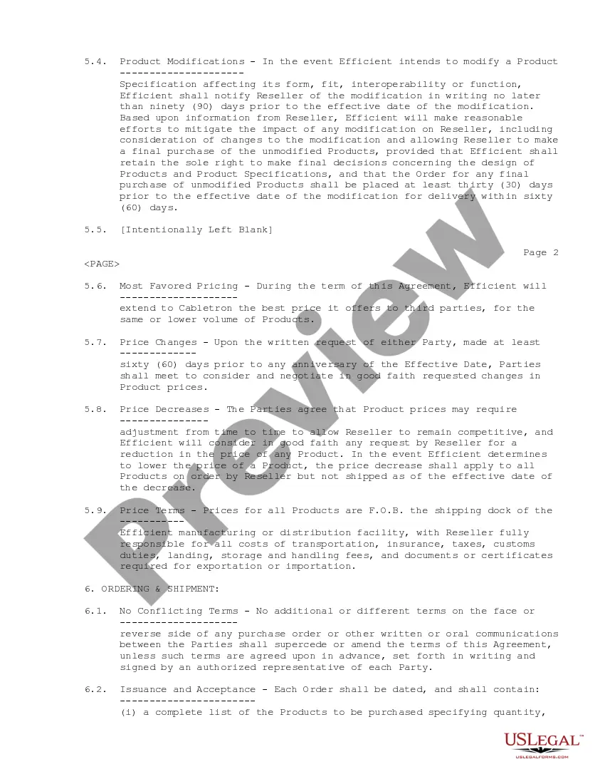 Preview Reseller Agreement regarding appointment of nonexclusive reseller of products