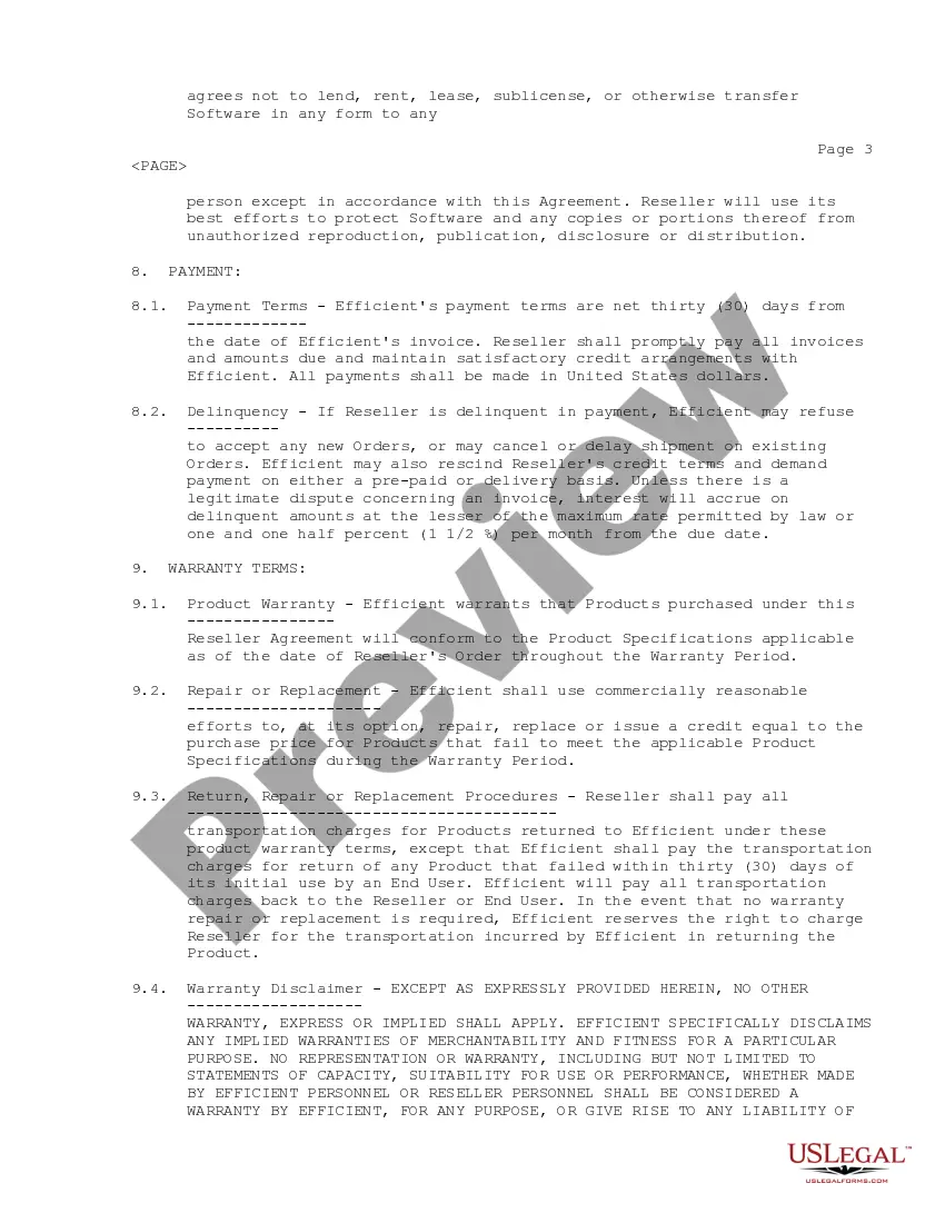 Preview Reseller Agreement regarding appointment of nonexclusive reseller of products