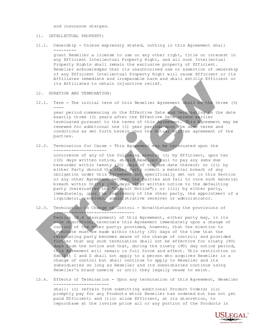 Preview Reseller Agreement regarding appointment of nonexclusive reseller of products