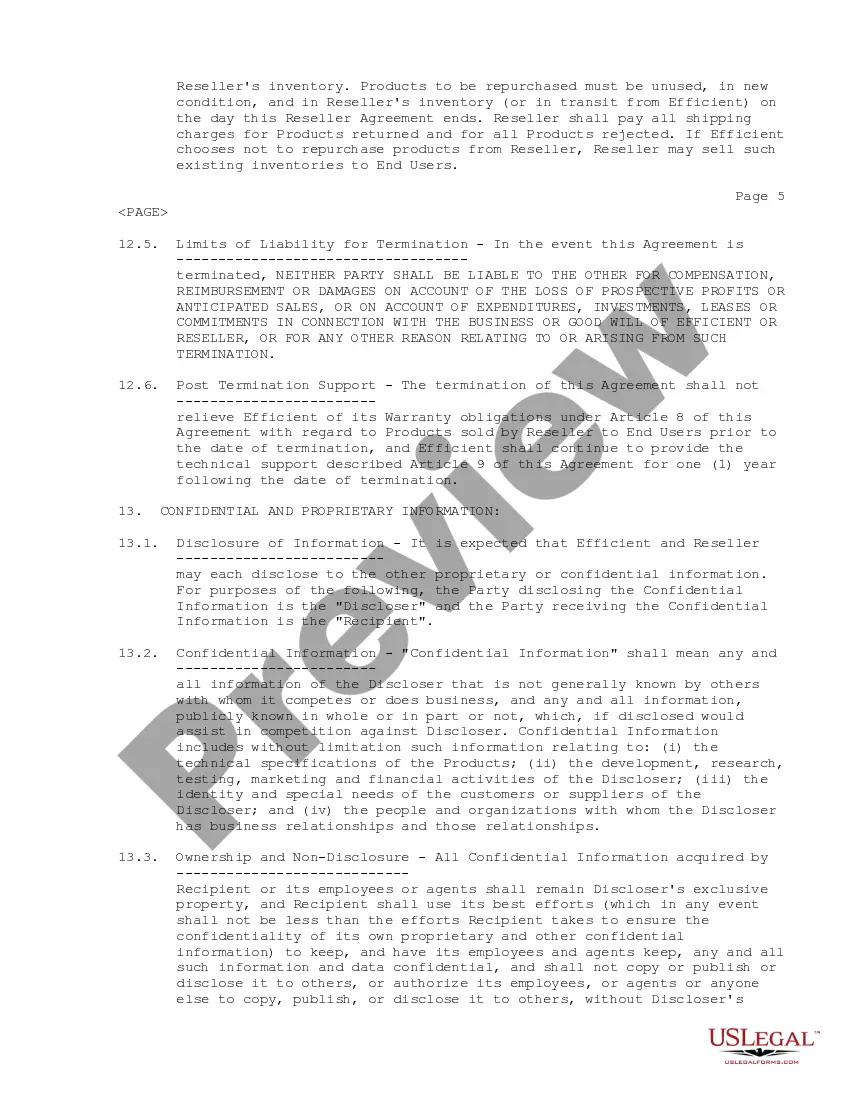 Preview Reseller Agreement regarding appointment of nonexclusive reseller of products