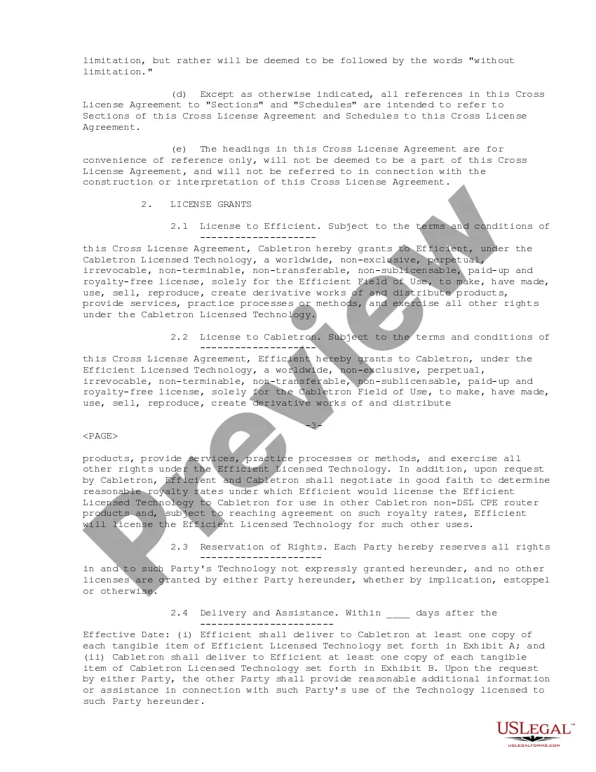 Get Cross License Agreement regarding obtaining license to certain technology and intellectual property rights Preview Cross License Agreement regarding obtaining license to certain technology and intellectual property rights