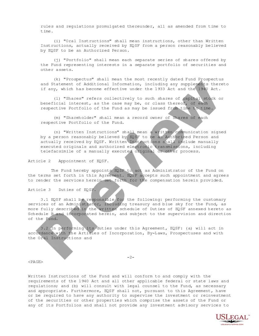 Get Administration Agreement between EQSF Advisors, Inc. and Third Avenue Trust regarding retaining EQSF to render administrative services with respect to investment Preview Administration Agreement between EQSF Advisors, Inc. and Third Avenue Trust regarding retaining EQSF to render administrative services with respect to investment