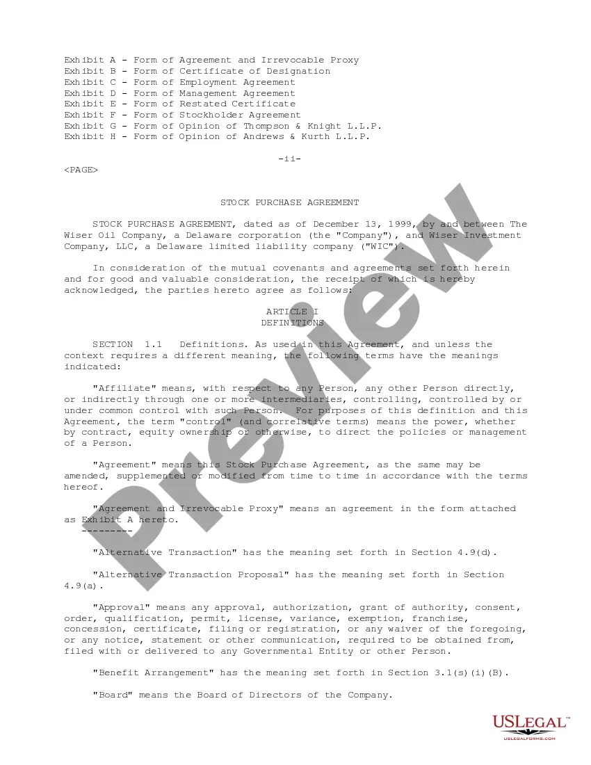 Get Sample Stock Purchase Agreement between The Wiser Oil and Wiser Investment Company Preview Sample Stock Purchase Agreement between The Wiser Oil and Wiser Investment Company